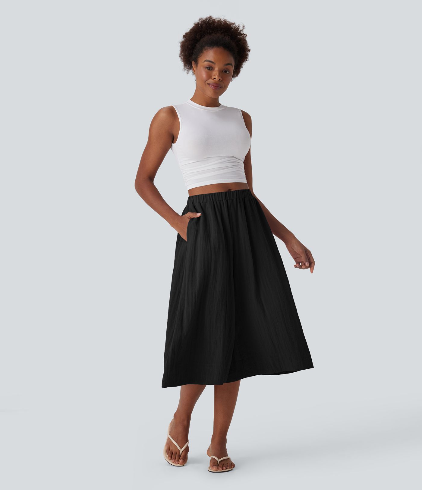 Mid Rise Women Wide Leg Baggy Flowy Linen-Feel Pants with Pocket