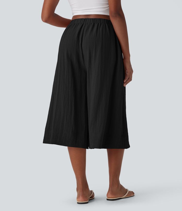 Mid Rise Women Wide Leg Baggy Flowy Linen-Feel Pants with Pocket