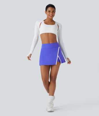 High Waisted 2-in-1 Split Colour Block Mini Tennis Skirt with Side Pocket
