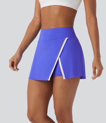 High Waisted 2-in-1 Split Colour Block Mini Tennis Skirt with Side Pocket