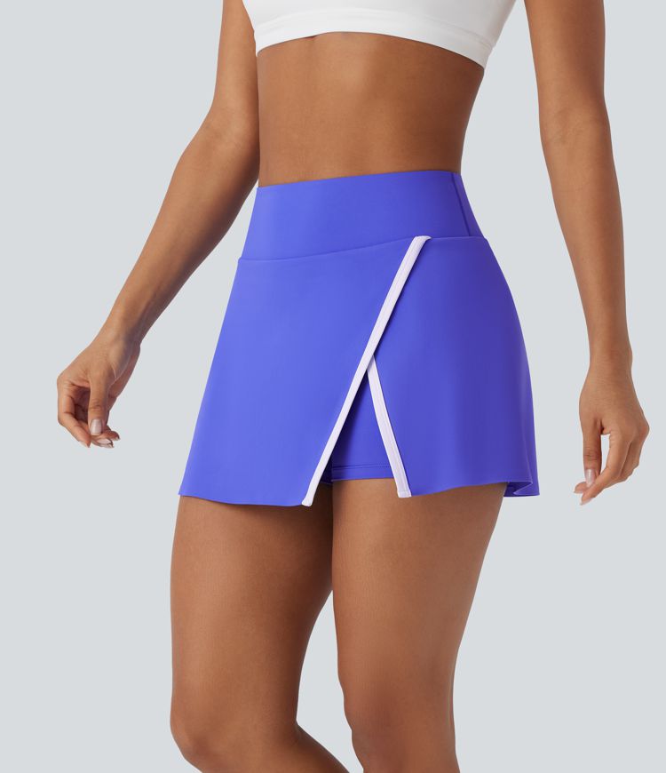High Waisted 2-in-1 Split Color Block Mini Tennis Skirt with Side Pocket