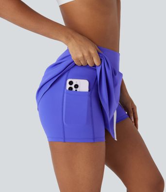 High Waisted 2-in-1 Split Colour Block Mini Tennis Skirt with Side Pocket