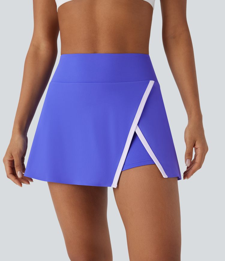 High Waisted 2-in-1 Split Colour Block Mini Tennis Skirt with Side Pocket