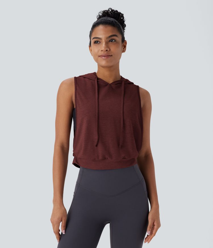 Hooded Drawstring Sleeveless Cropped Running Tank Top
