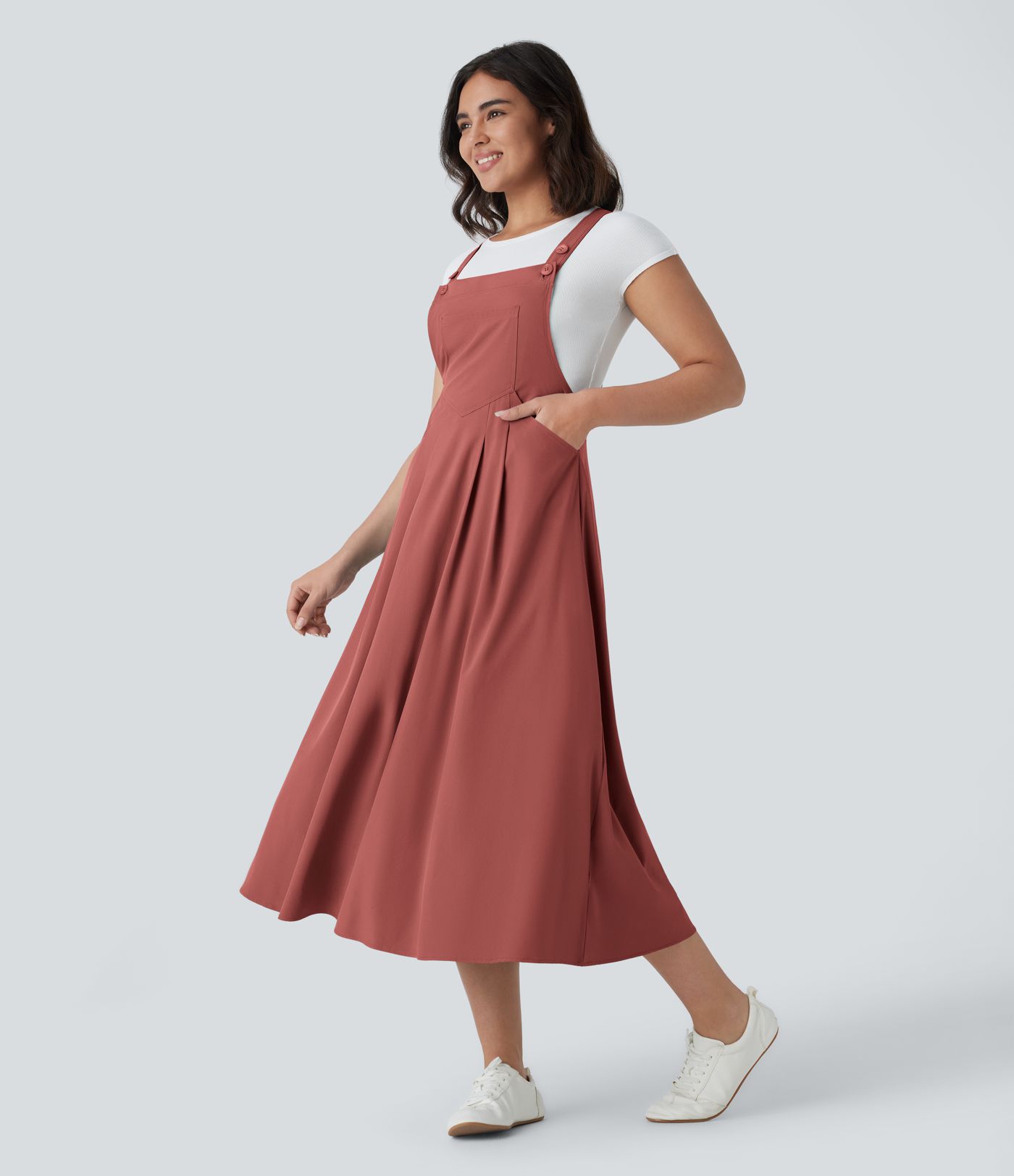 Breezeful™ Adjustable Strap Button Multiple Pockets Flowy Quick Dry Midi Casual Dress