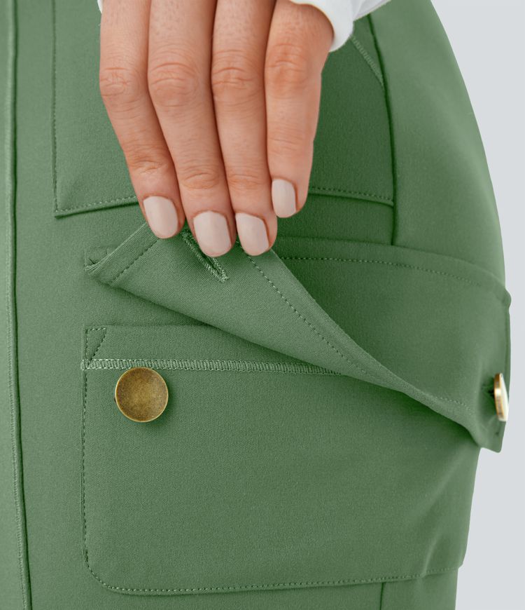 Pantalon Cargo Ajusté Taille Haute Boutonnés Fermeture Éclair Multiples Poches Uni