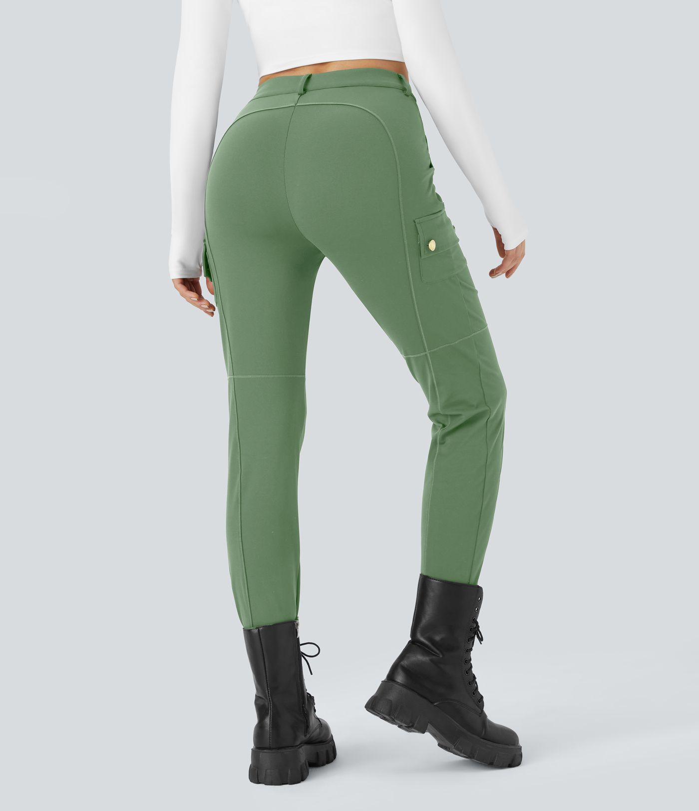 Pantalón cargo ajustado tiro alto múltiple bolsillo cremallera botón