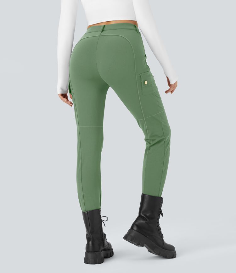 Pantalon Cargo Ajusté Taille Haute Boutonnés Fermeture Éclair Multiples Poches Uni