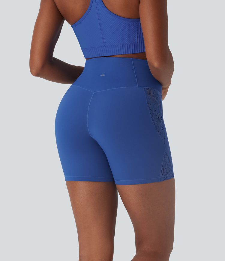 Softlyzero™ High Waisted Crossover Contrast Lace Back Pocket Yoga Biker Shorts 5''-UPF50+