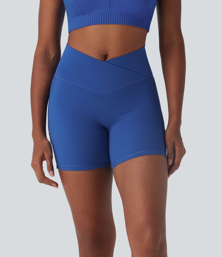 Softlyzero™ High Waisted Crossover Contrast Lace Back Pocket Yoga Biker Shorts 5''-UPF50+
