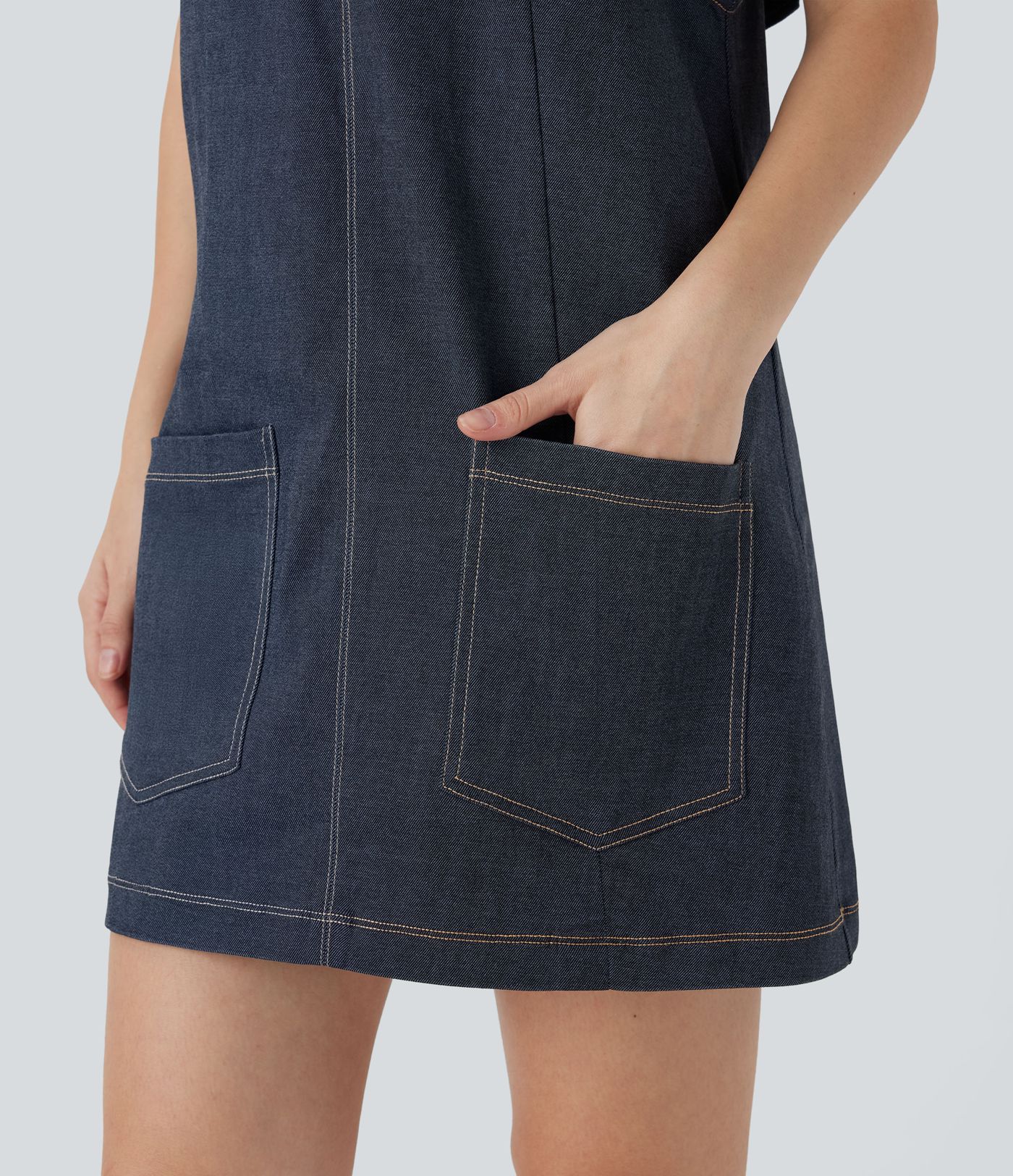 V Neck Denim Like Mini Casual Dress with Pockets