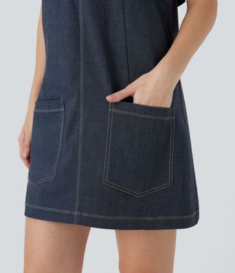 V Neck Denim Like Mini Casual Dress with Pockets