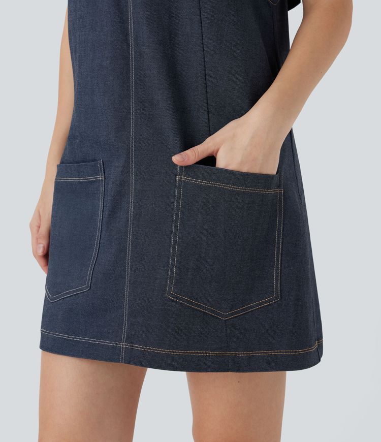 V Neck Denim Like Mini Casual Dress with Pockets