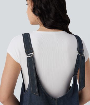 V Neck Denim Like Mini Casual Dress with Pockets