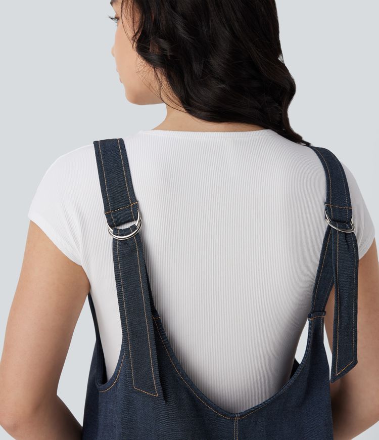 V Neck Denim Like Mini Casual Dress with Pockets