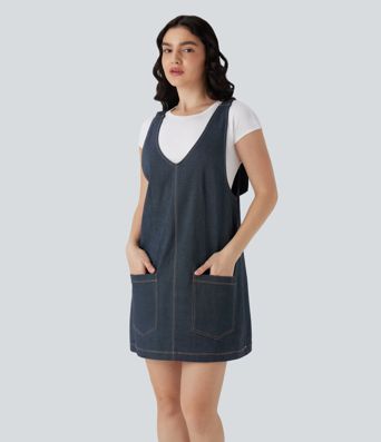 V Neck Denim Like Mini Casual Dress with Pockets