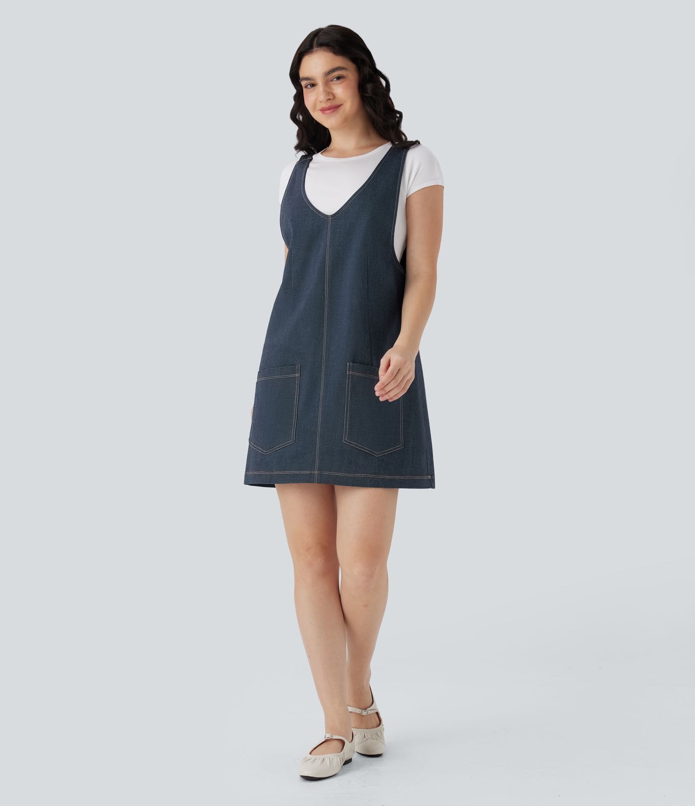 V Neck Denim Like Mini Casual Dress with Pockets