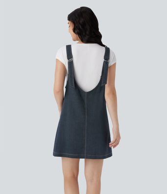 V Neck Denim Like Mini Casual Dress with Pockets