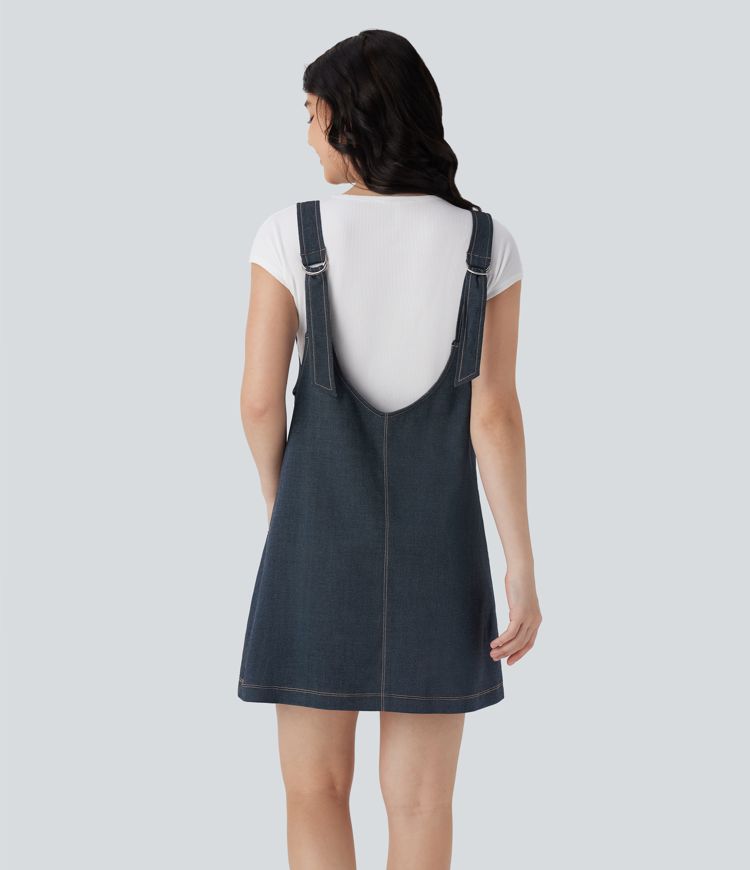 V Neck Denim Like Mini Casual Dress with Pockets