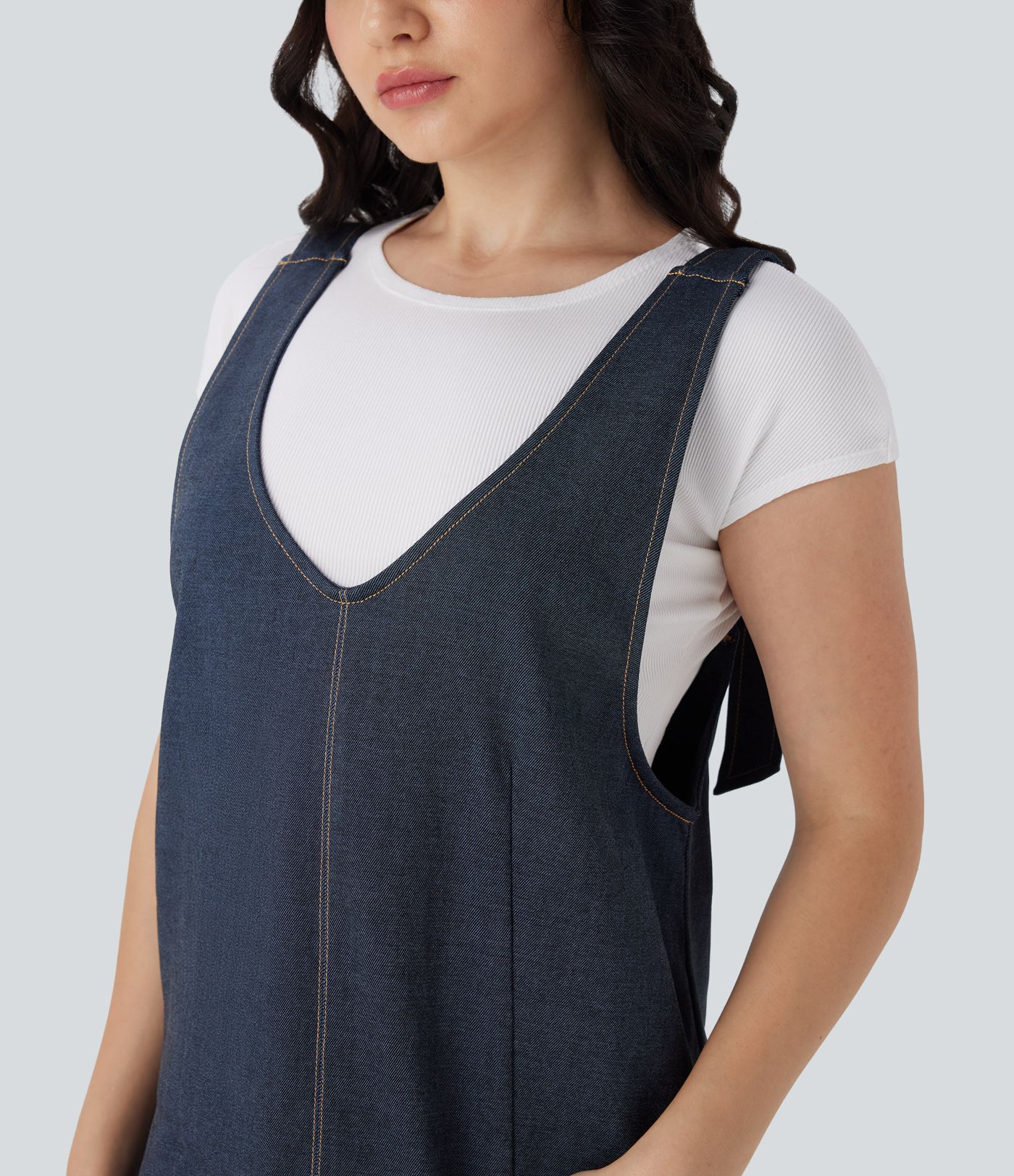 V Neck Denim Like Mini Casual Dress with Pockets