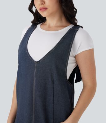 V Neck Denim Like Mini Casual Dress with Pockets