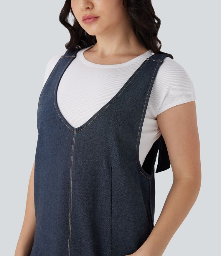 V Neck Denim Like Mini Casual Dress with Pockets
