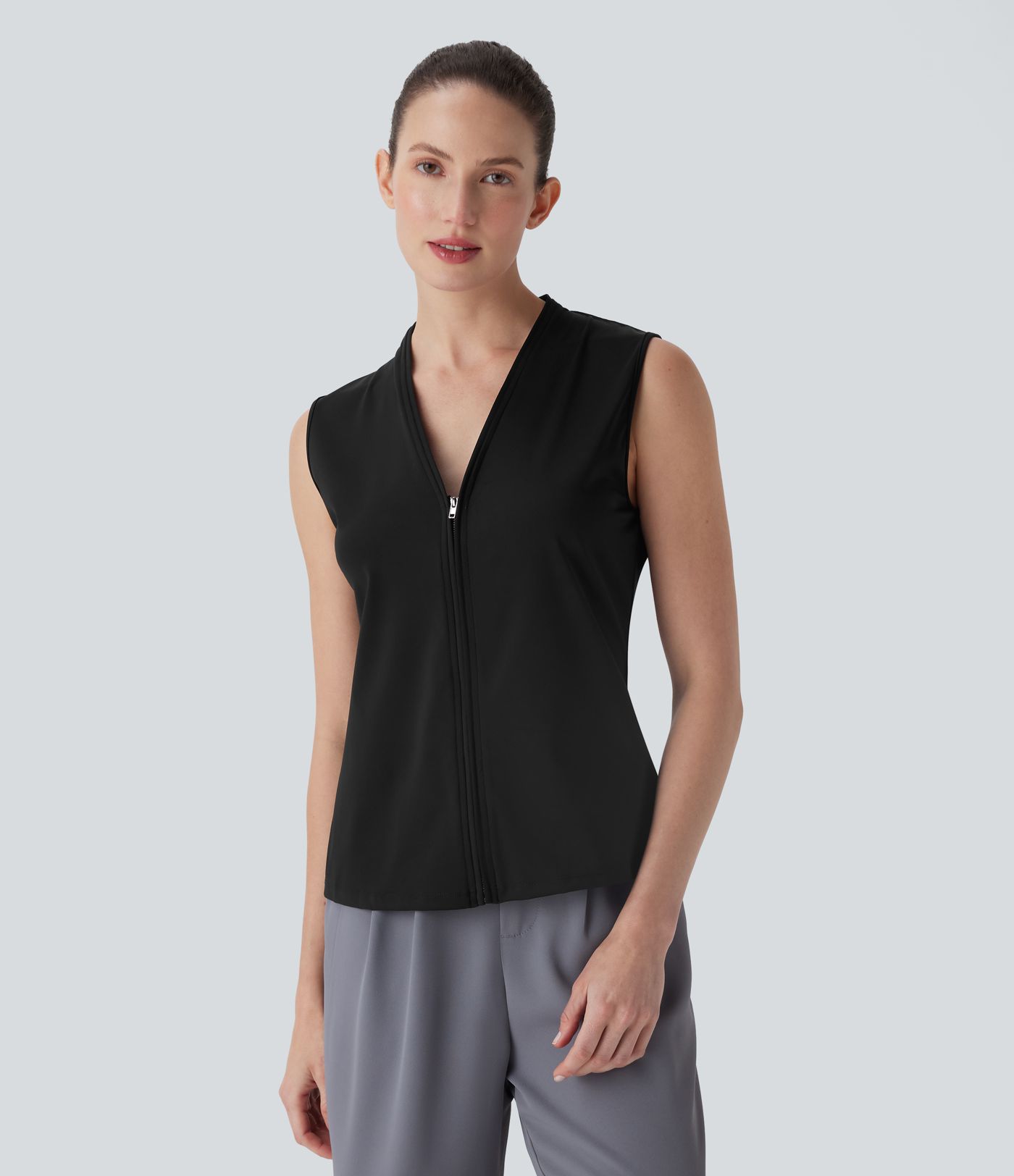 SoftlyZero™ Airy V Neck Zipper Sleeveless Cool Touch Work Blouse-UPF50+