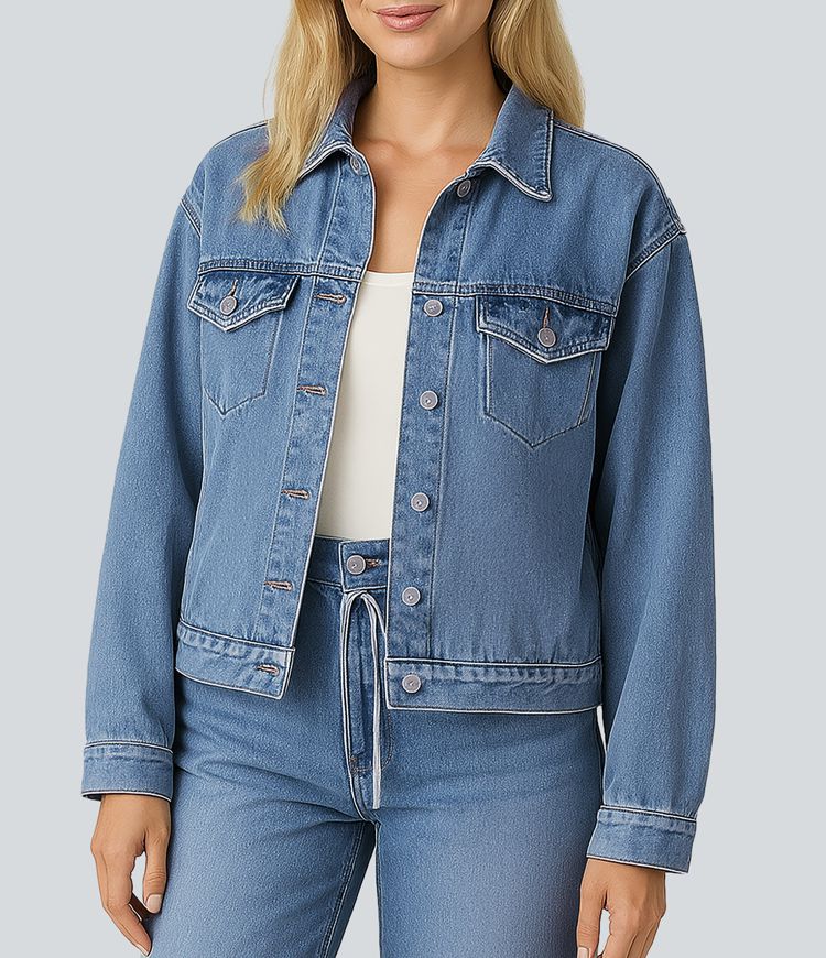 Halara Flex™ Collared Button Long Sleeve Stretchy Knit Denim Casual Jacket with Chest Pocket