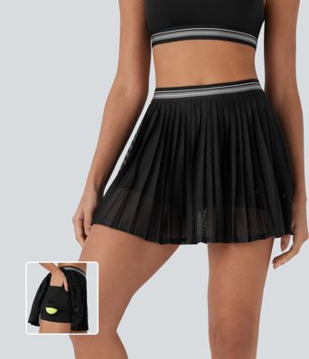 Falda Corta de Tenis de Cintura Alta con Bloque de Color 2 en 1, Bolsillo Recortado, Plisada, Tacto Fresco y Secado Rápido