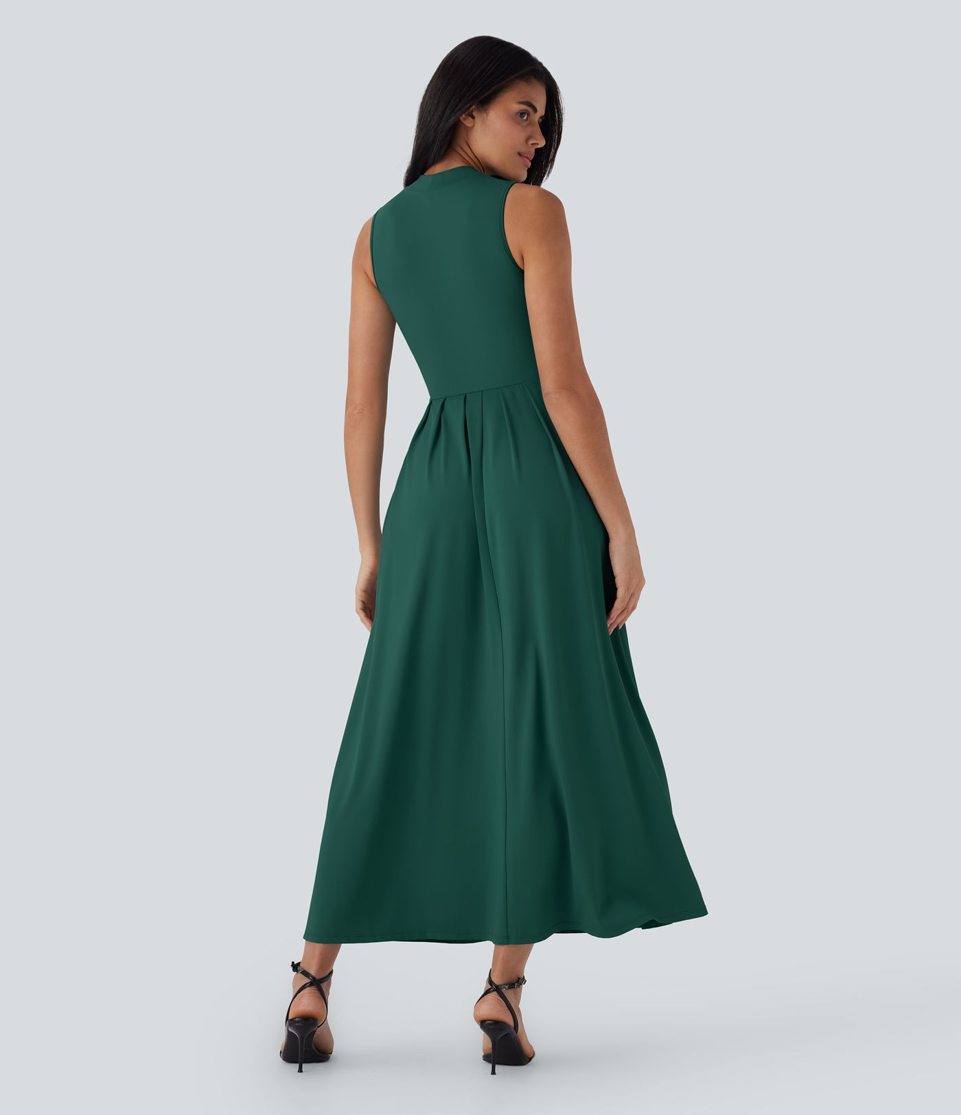 Stand Collar Sleeveless Flare Women Long Maxi Casual Dress with Pockets