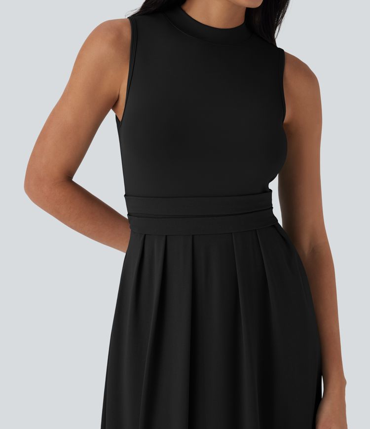 Stand Collar Sleeveless Flare Women Long Maxi Casual Dress with Pockets