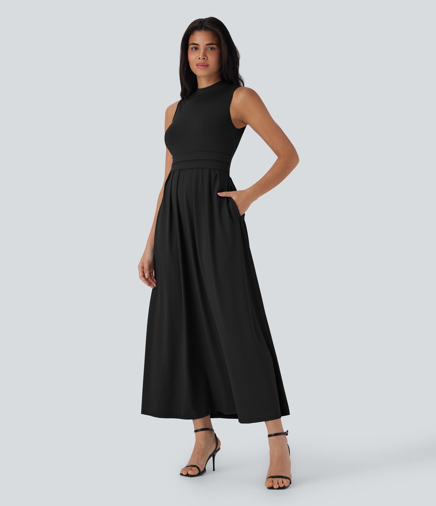 Stand Collar Sleeveless Flare Women Long Maxi Casual Dress with Pockets