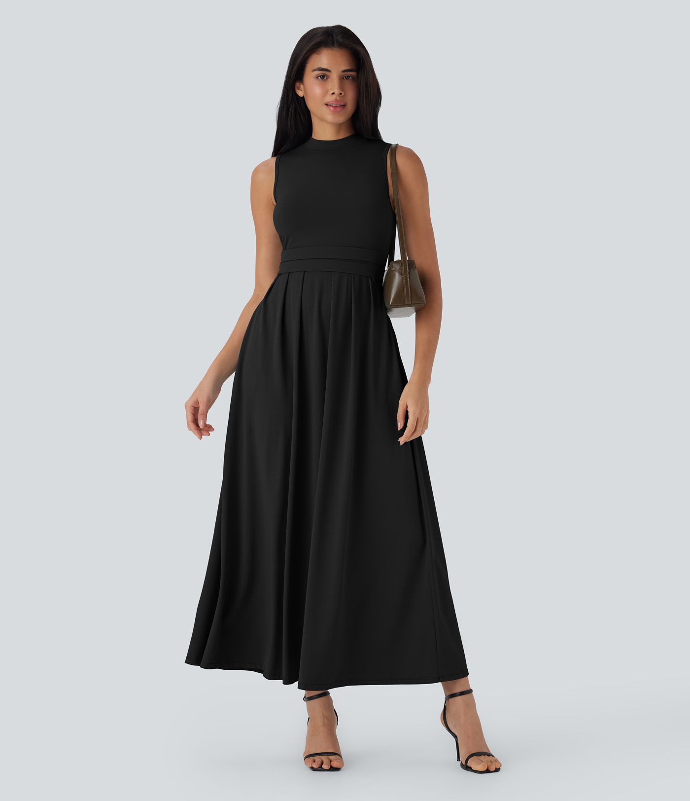 Stand Collar Sleeveless Flare Women Long Maxi Casual Dress with Pockets