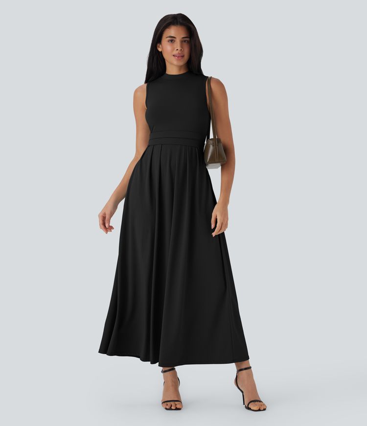 Stand Collar Sleeveless Flare Women Long Maxi Casual Dress with Pockets