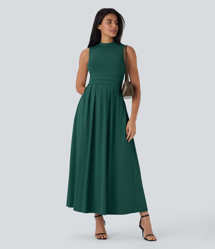 Stand Collar Sleeveless Flare Maxi Casual Dress with Pockets