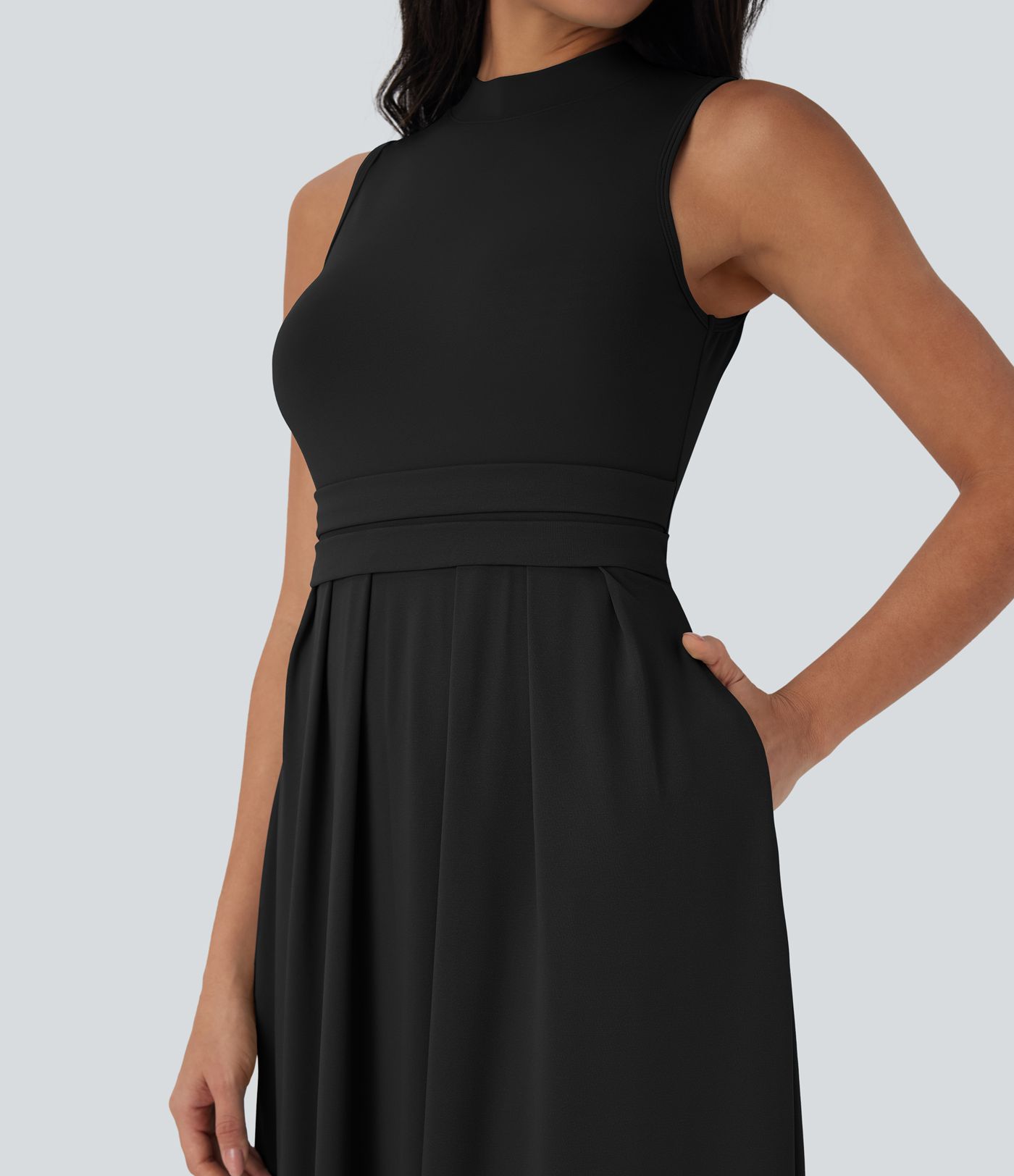 Stand Collar Sleeveless Flare Women Long Maxi Casual Dress with Pockets