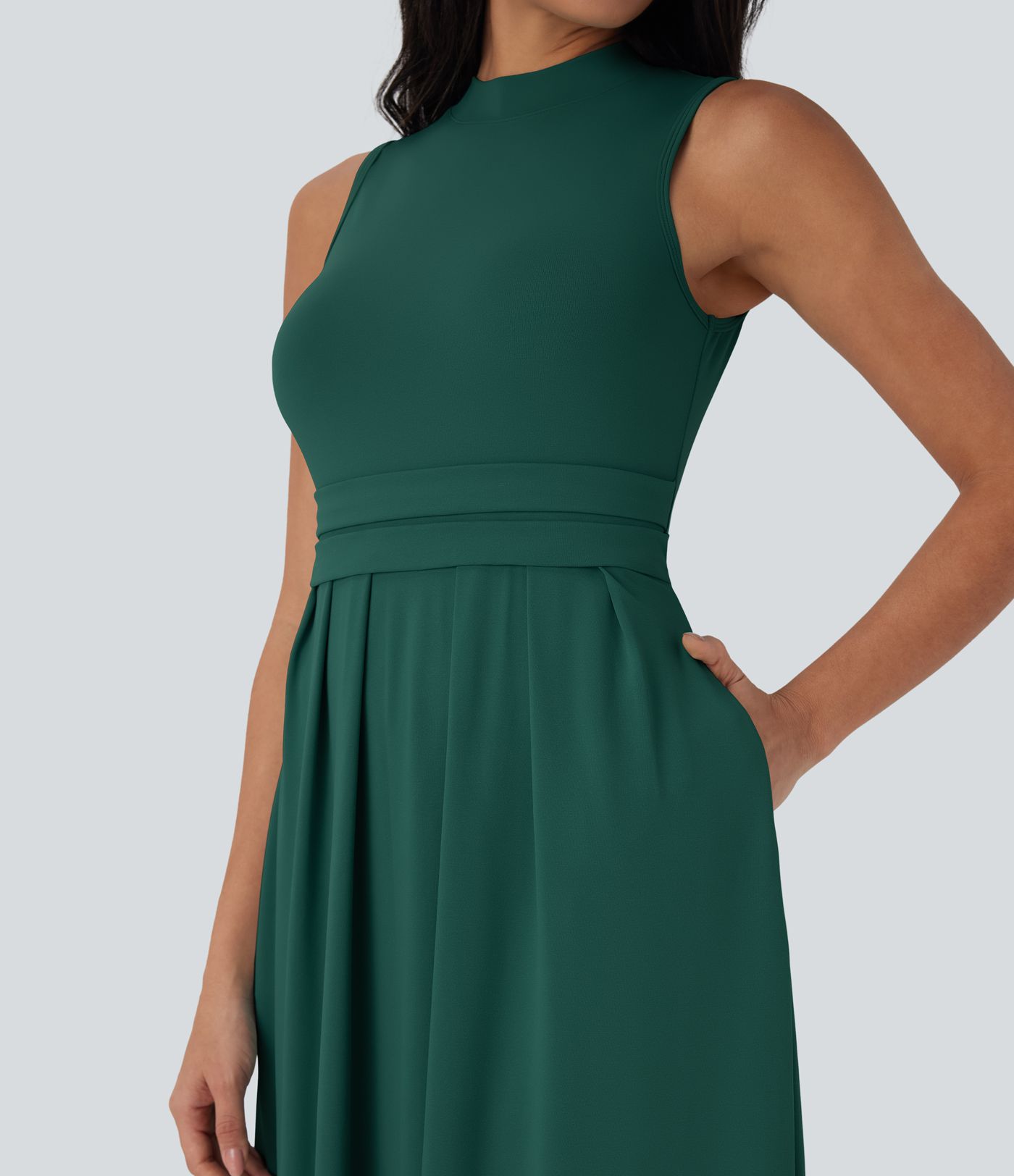 Stand Collar Sleeveless Flare Women Long Maxi Casual Dress with Pockets