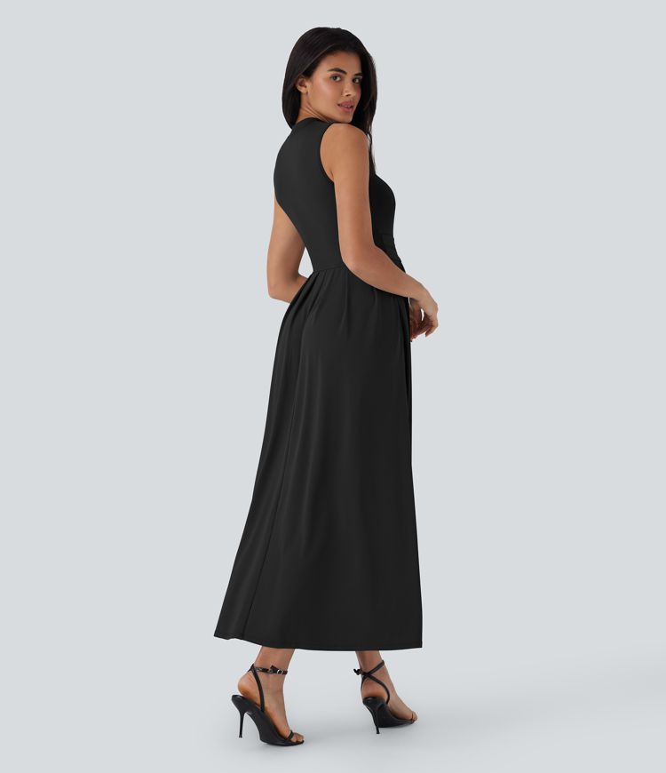 Stand Collar Sleeveless Flare Women Long Maxi Casual Dress with Pockets