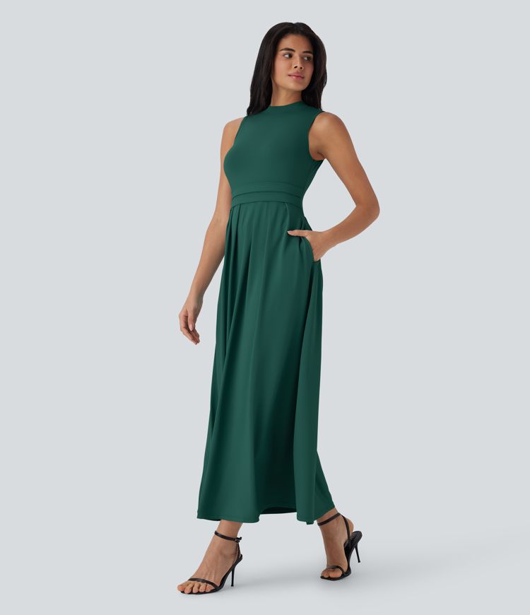 Stand Collar Sleeveless Flare Maxi Casual Dress with Side Pockets