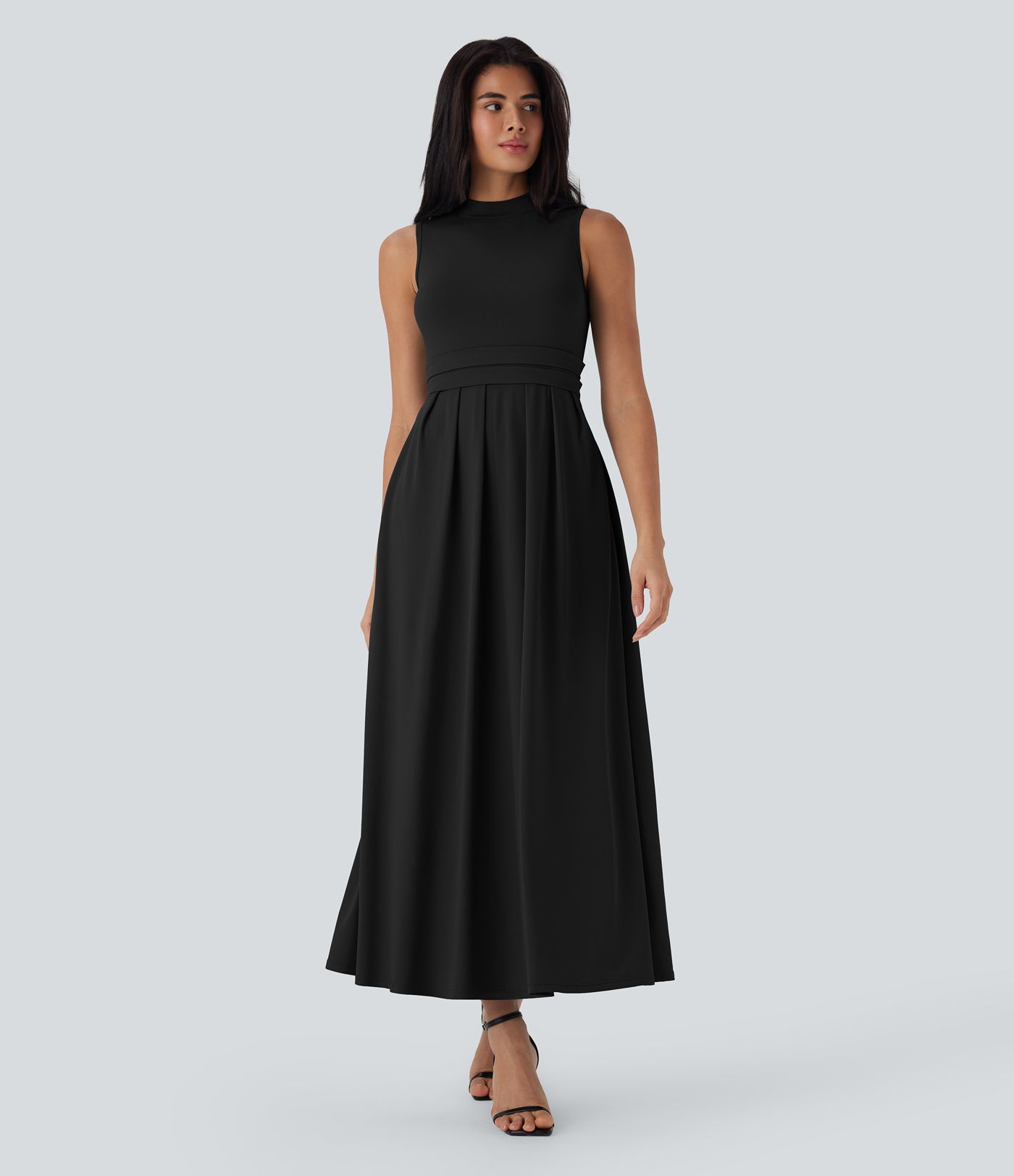 Stand Collar Sleeveless Flare Women Long Maxi Casual Dress with Pockets