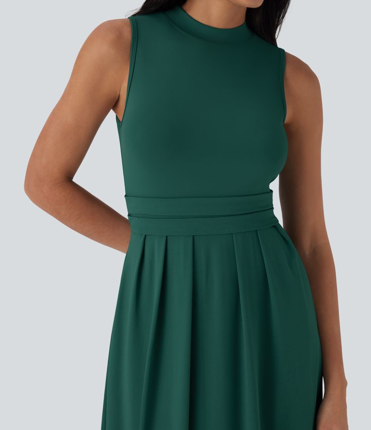 Stand Collar Sleeveless Flare Maxi Casual Dress with Pockets