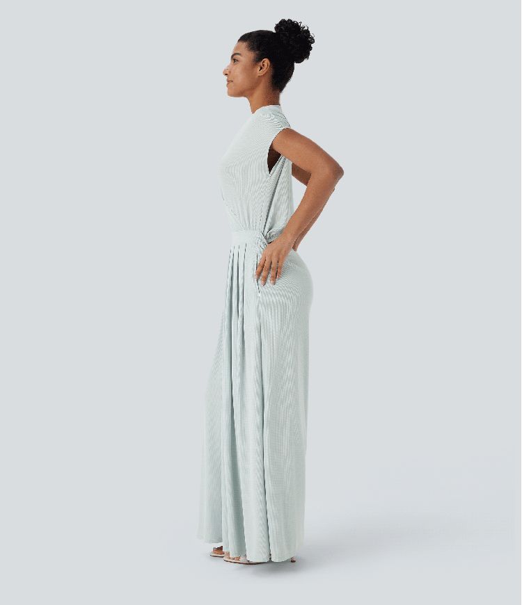 Combinaison fluide en tissu gaufré, col V, manches courtes, jambes larges et poches latérales - Easy Peasy Edition