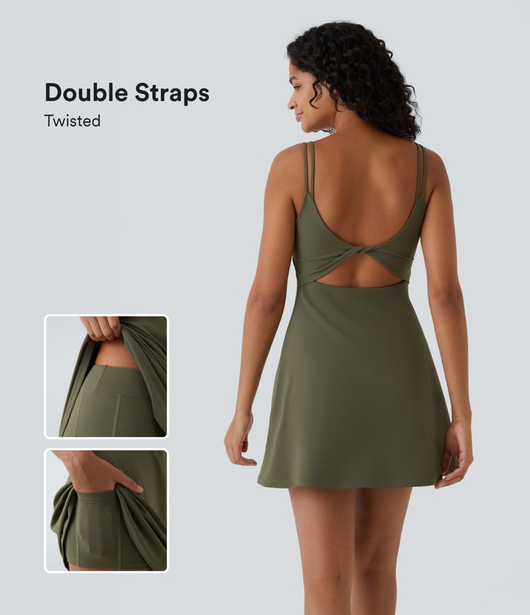 Softlyzero™ Plush Double Straps Backless Twisted 2-Piece Pocket Slip Dance Active Dress