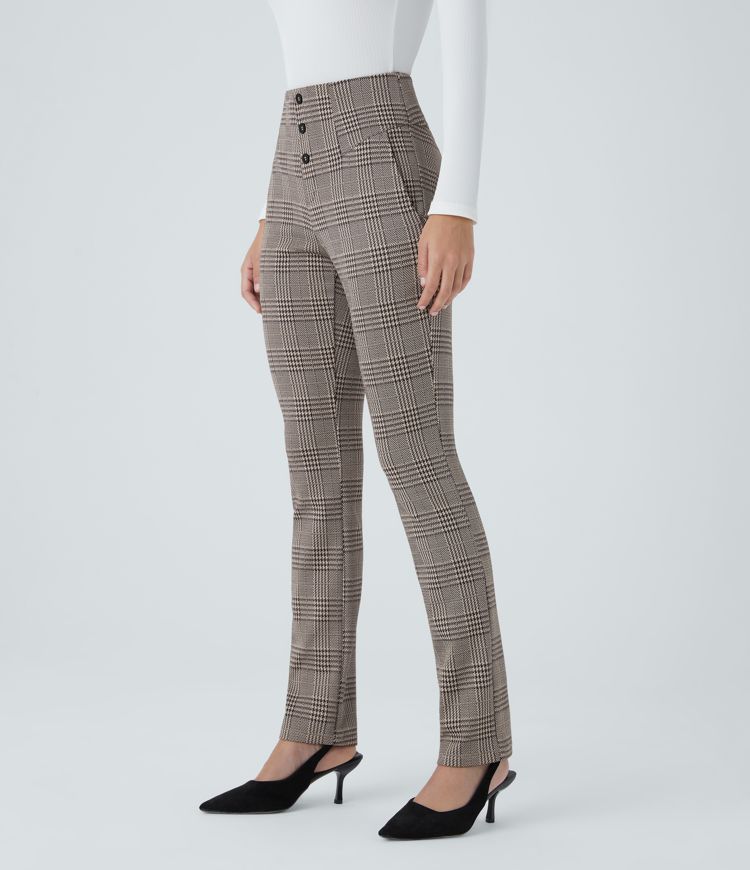 Halara Flex™ High Waisted Decorative Button Side Pocket Houndstooth Plaid Skinny Work Pants