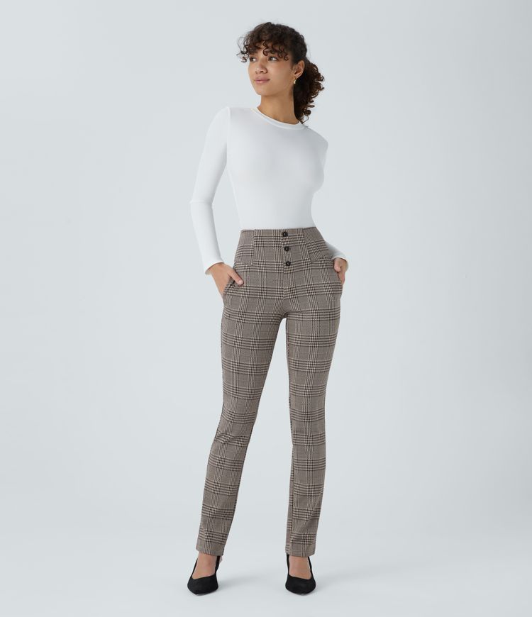 Halara Flex™ Pantalon tailleur Cintrés à Taille Haute avec Boutons Décoratifs Poches Latérales et Imprimé Pied-de-Poule