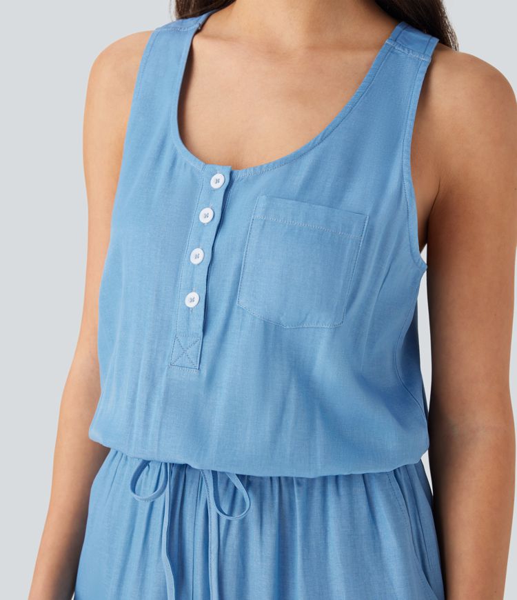 Drawstring Tapered Denim Like Casual Jumpsuit with Pockets