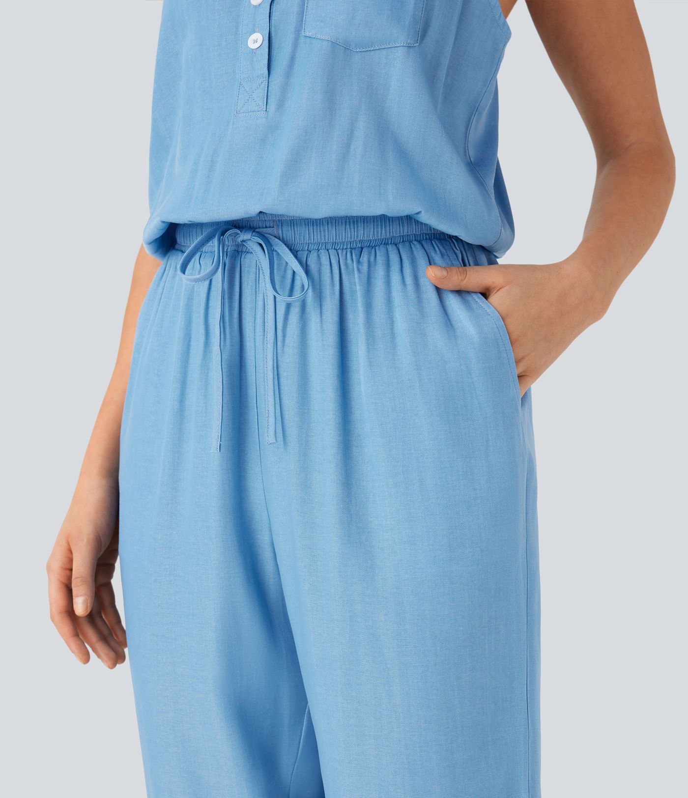 Combinaison en denim décontractée à cordon et coupe fuselée avec poches