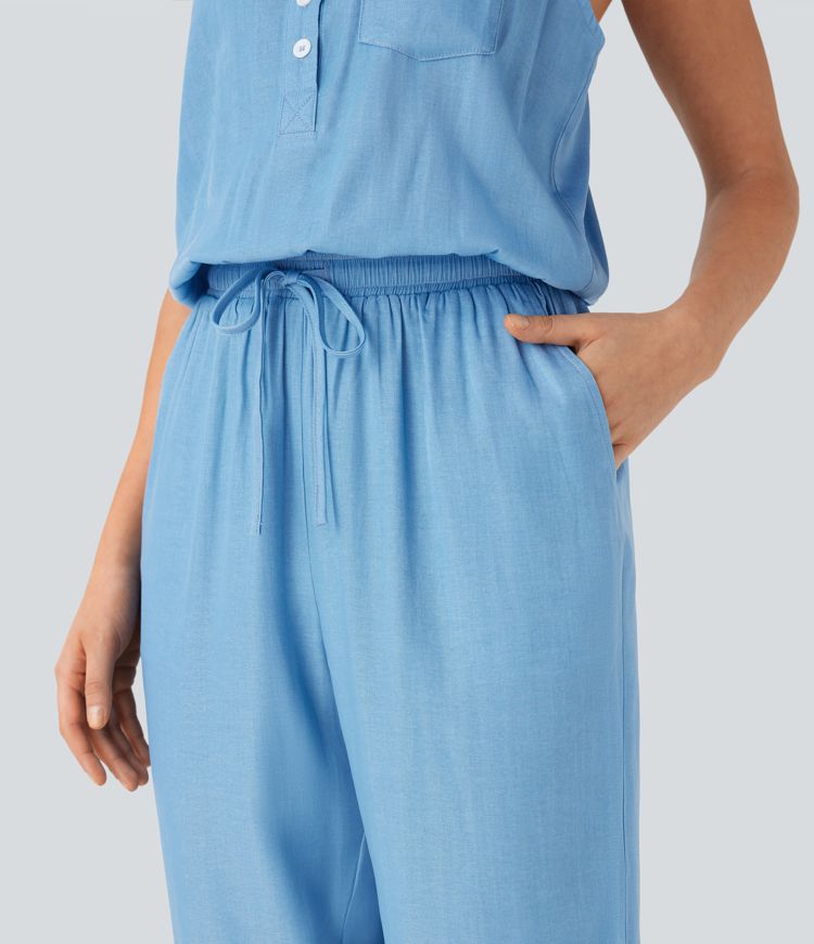 Drawstring Tapered Denim Like Casual Jumpsuit with Pockets