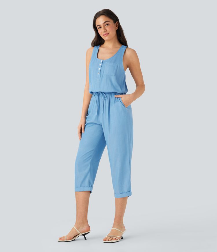 Backless Button Drawstring Tapered Denim Like Casual Jumpsuit with Multiple Pockets
