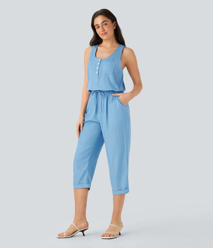 Drawstring Tapered Denim Like Casual Jumpsuit with Pockets